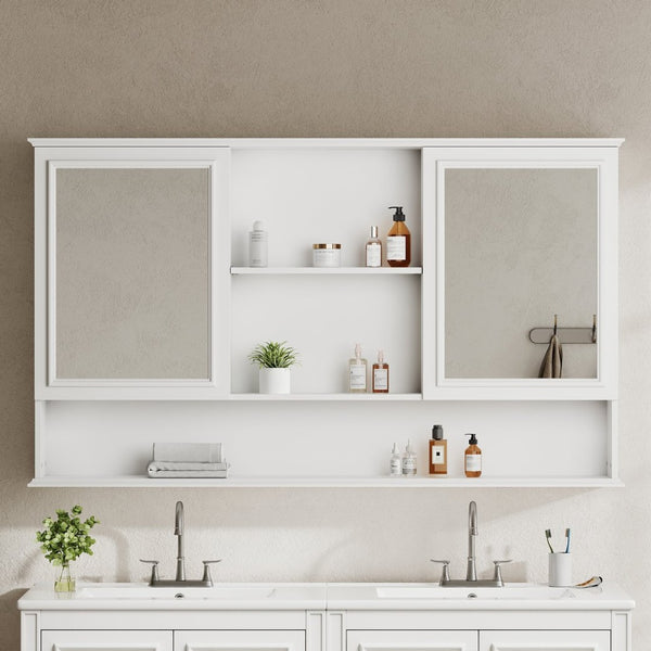 English Elm [video] 60 Inch Wall Mounted Medicine Cabinet with Double Mirror Doors Adjustable Shelves Soft Close White N759P451502K