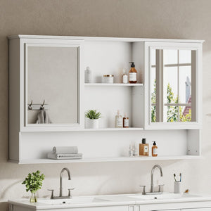 English Elm [video] 60 Inch Wall Mounted Medicine Cabinet with Double Mirror Doors Adjustable Shelves Soft Close White N759P451502K