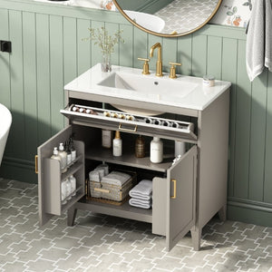 English Elm Video 30 Inch Bath Vanity Rubberwood Legs Ceramic Top Soft Close Doors Organized Storage N759P474678B