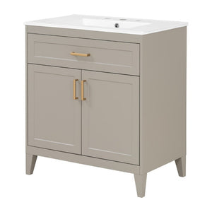 English Elm Video 30 Inch Bath Vanity Rubberwood Legs Ceramic Top Soft Close Doors Organized Storage N759P474678B