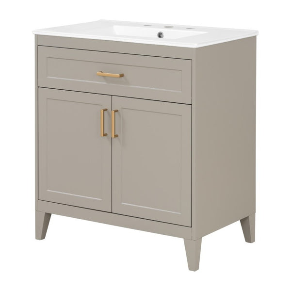 English Elm Video 30 Inch Bath Vanity Rubberwood Legs Ceramic Top Soft Close Doors Organized Storage N759P474678B