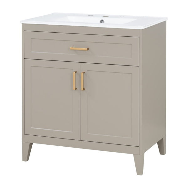 English Elm Video 30 Inch Bath Vanity Rubberwood Legs Ceramic Top Soft Close Doors Organized Storage N759P474678B