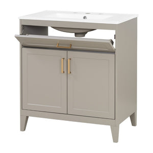 English Elm Video 30 Inch Bath Vanity Rubberwood Legs Ceramic Top Soft Close Doors Organized Storage N759P474678B
