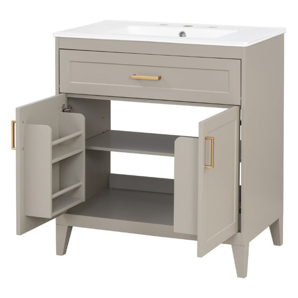 English Elm Video 30 Inch Bath Vanity Rubberwood Legs Ceramic Top Soft Close Doors Organized Storage N759P474678B