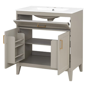 English Elm Video 30 Inch Bath Vanity Rubberwood Legs Ceramic Top Soft Close Doors Organized Storage N759P474678B
