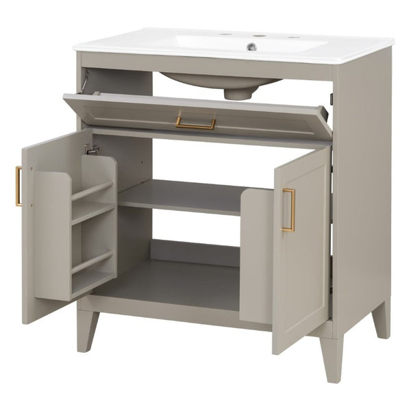 English Elm Video 30 Inch Bath Vanity Rubberwood Legs Ceramic Top Soft Close Doors Organized Storage N759P474678B