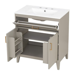 English Elm Video 30 Inch Bath Vanity Rubberwood Legs Ceramic Top Soft Close Doors Organized Storage N759P474678B