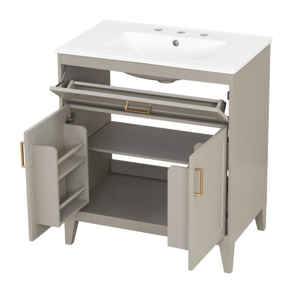 English Elm Video 30 Inch Bath Vanity Rubberwood Legs Ceramic Top Soft Close Doors Organized Storage N759P474678B