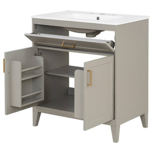 English Elm Video 30 Inch Bath Vanity Rubberwood Legs Ceramic Top Soft Close Doors Organized Storage N759P474678B