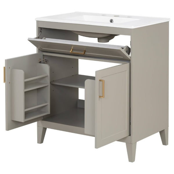 English Elm Video 30 Inch Bath Vanity Rubberwood Legs Ceramic Top Soft Close Doors Organized Storage N759P474678B
