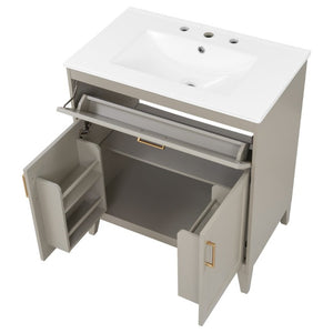 English Elm Video 30 Inch Bath Vanity Rubberwood Legs Ceramic Top Soft Close Doors Organized Storage N759P474678B