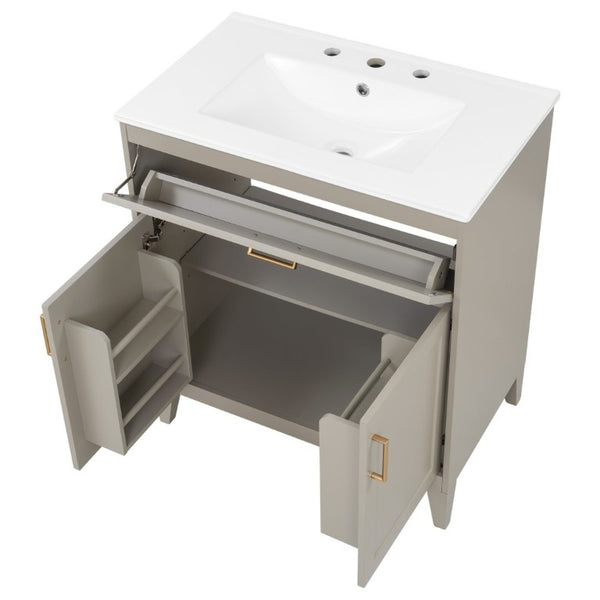 English Elm Video 30 Inch Bath Vanity Rubberwood Legs Ceramic Top Soft Close Doors Organized Storage N759P474678B