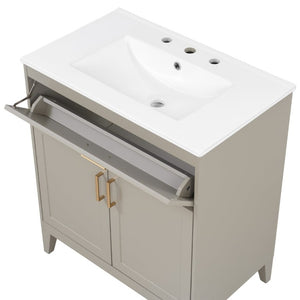 English Elm Video 30 Inch Bath Vanity Rubberwood Legs Ceramic Top Soft Close Doors Organized Storage N759P474678B