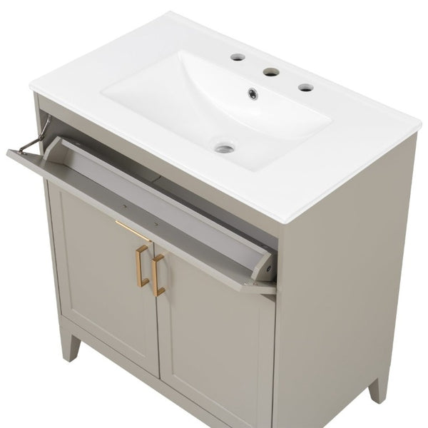 English Elm Video 30 Inch Bath Vanity Rubberwood Legs Ceramic Top Soft Close Doors Organized Storage N759P474678B