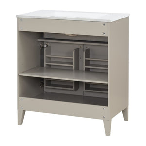 English Elm Video 30 Inch Bath Vanity Rubberwood Legs Ceramic Top Soft Close Doors Organized Storage N759P474678B