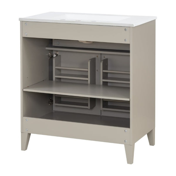 English Elm Video 30 Inch Bath Vanity Rubberwood Legs Ceramic Top Soft Close Doors Organized Storage N759P474678B