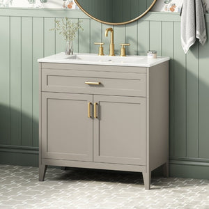 English Elm Video 30 Inch Bath Vanity Rubberwood Legs Ceramic Top Soft Close Doors Organized Storage N759P474678B