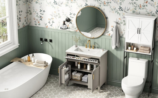 English Elm Video 30 Inch Bath Vanity Rubberwood Legs Ceramic Top Soft Close Doors Organized Storage N759P474678B