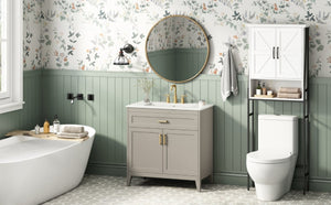 English Elm Video 30 Inch Bath Vanity Rubberwood Legs Ceramic Top Soft Close Doors Organized Storage N759P474678B