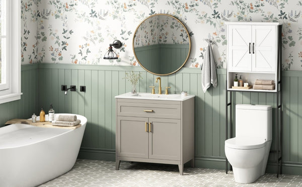 English Elm Video 30 Inch Bath Vanity Rubberwood Legs Ceramic Top Soft Close Doors Organized Storage N759P474678B