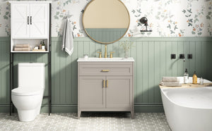 English Elm Video 30 Inch Bath Vanity Rubberwood Legs Ceramic Top Soft Close Doors Organized Storage N759P474678B