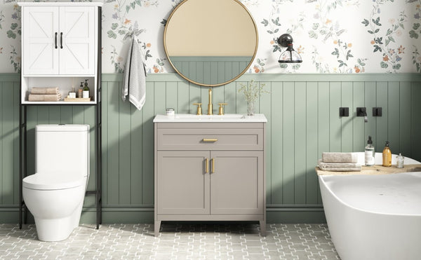 English Elm Video 30 Inch Bath Vanity Rubberwood Legs Ceramic Top Soft Close Doors Organized Storage N759P474678B