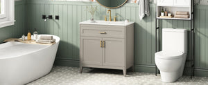 English Elm Video 30 Inch Bath Vanity Rubberwood Legs Ceramic Top Soft Close Doors Organized Storage N759P474678B