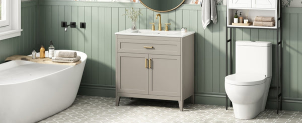 English Elm Video 30 Inch Bath Vanity Rubberwood Legs Ceramic Top Soft Close Doors Organized Storage N759P474678B