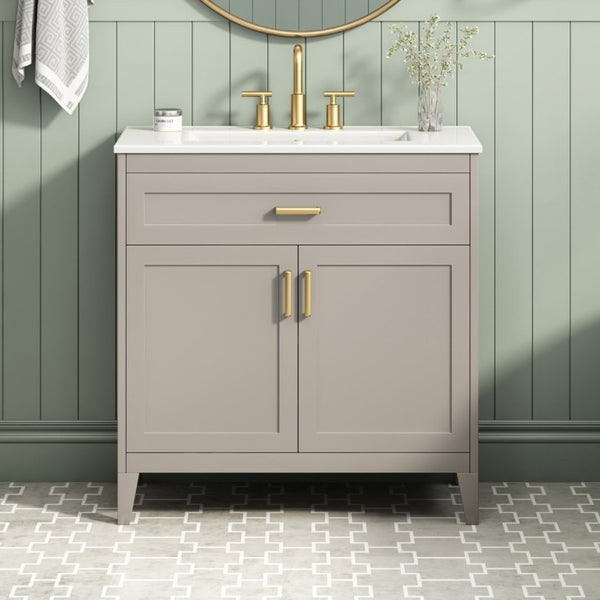 English Elm Video 30 Inch Bath Vanity Rubberwood Legs Ceramic Top Soft Close Doors Organized Storage N759P474678B