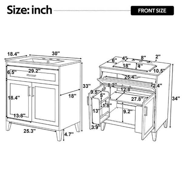English Elm Video 30 Inch Bath Vanity Rubberwood Legs Ceramic Top Soft Close Doors Organized Storage N759P474678B