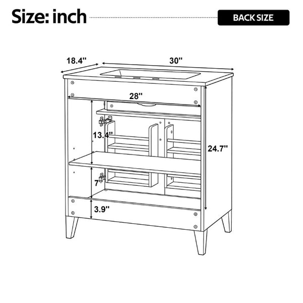 English Elm Video 30 Inch Bath Vanity Rubberwood Legs Ceramic Top Soft Close Doors Organized Storage N759P474678B