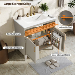 English Elm Video 30 Inch Bath Vanity Rubberwood Legs Ceramic Top Soft Close Doors Organized Storage N759P474678B