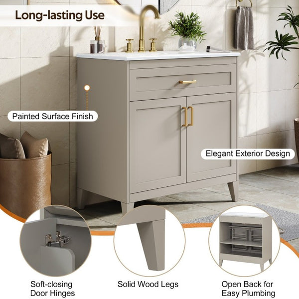 English Elm Video 30 Inch Bath Vanity Rubberwood Legs Ceramic Top Soft Close Doors Organized Storage N759P474678B