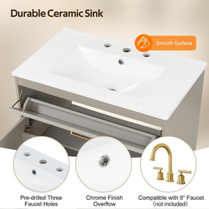 English Elm Video 30 Inch Bath Vanity Rubberwood Legs Ceramic Top Soft Close Doors Organized Storage N759P474678B