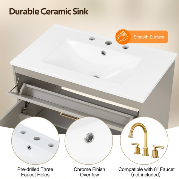 English Elm Video 30 Inch Bath Vanity Rubberwood Legs Ceramic Top Soft Close Doors Organized Storage N759P474678B