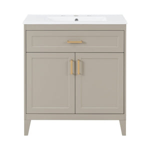 English Elm Video 30 Inch Bath Vanity Rubberwood Legs Ceramic Top Soft Close Doors Organized Storage N759P474678B