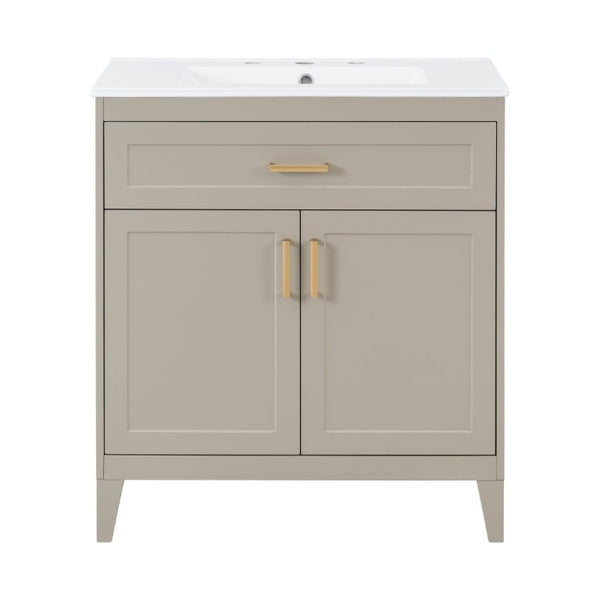 English Elm Video 30 Inch Bath Vanity Rubberwood Legs Ceramic Top Soft Close Doors Organized Storage N759P474678B