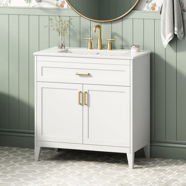English Elm Video 30 Inch Freestanding Bathroom Vanity with Ceramic Sink and Rubberwood Legs in White 30 inches Ceramic+MDF,Rubber Wood N759P474678K