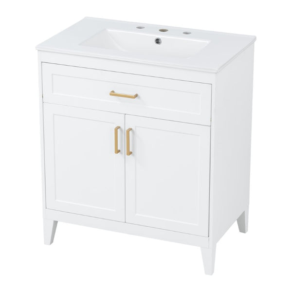 English Elm Video 30 Inch Freestanding Bathroom Vanity with Ceramic Sink and Rubberwood Legs in White 30 inches Ceramic+MDF,Rubber Wood N759P474678K