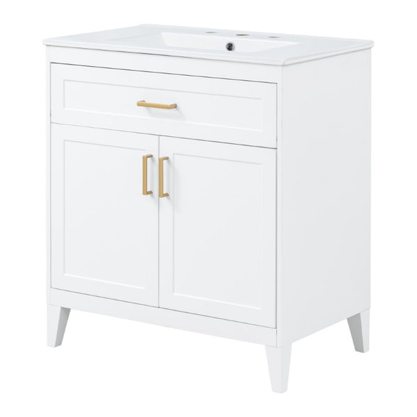 English Elm Video 30 Inch Freestanding Bathroom Vanity with Ceramic Sink and Rubberwood Legs in White 30 inches Ceramic+MDF,Rubber Wood N759P474678K
