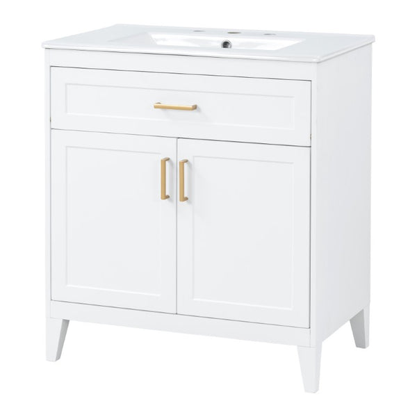 English Elm Video 30 Inch Freestanding Bathroom Vanity with Ceramic Sink and Rubberwood Legs in White 30 inches Ceramic+MDF,Rubber Wood N759P474678K