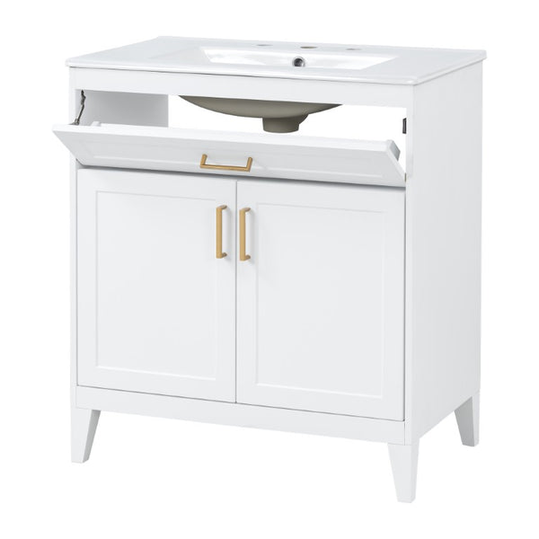 English Elm Video 30 Inch Freestanding Bathroom Vanity with Ceramic Sink and Rubberwood Legs in White 30 inches Ceramic+MDF,Rubber Wood N759P474678K