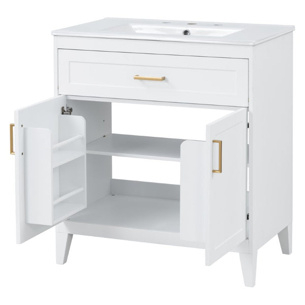 English Elm Video 30 Inch Freestanding Bathroom Vanity with Ceramic Sink and Rubberwood Legs in White 30 inches Ceramic+MDF,Rubber Wood N759P474678K