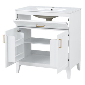 English Elm Video 30 Inch Freestanding Bathroom Vanity with Ceramic Sink and Rubberwood Legs in White 30 inches Ceramic+MDF,Rubber Wood N759P474678K