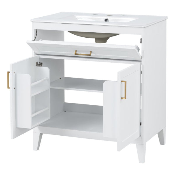 English Elm Video 30 Inch Freestanding Bathroom Vanity with Ceramic Sink and Rubberwood Legs in White 30 inches Ceramic+MDF,Rubber Wood N759P474678K