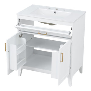 English Elm Video 30 Inch Freestanding Bathroom Vanity with Ceramic Sink and Rubberwood Legs in White 30 inches Ceramic+MDF,Rubber Wood N759P474678K