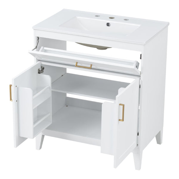 English Elm Video 30 Inch Freestanding Bathroom Vanity with Ceramic Sink and Rubberwood Legs in White 30 inches Ceramic+MDF,Rubber Wood N759P474678K