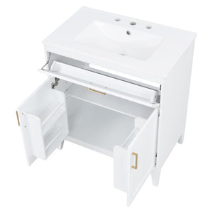 English Elm Video 30 Inch Freestanding Bathroom Vanity with Ceramic Sink and Rubberwood Legs in White 30 inches Ceramic+MDF,Rubber Wood N759P474678K