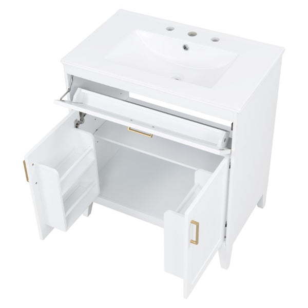 English Elm Video 30 Inch Freestanding Bathroom Vanity with Ceramic Sink and Rubberwood Legs in White 30 inches Ceramic+MDF,Rubber Wood N759P474678K
