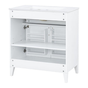 English Elm Video 30 Inch Freestanding Bathroom Vanity with Ceramic Sink and Rubberwood Legs in White 30 inches Ceramic+MDF,Rubber Wood N759P474678K
